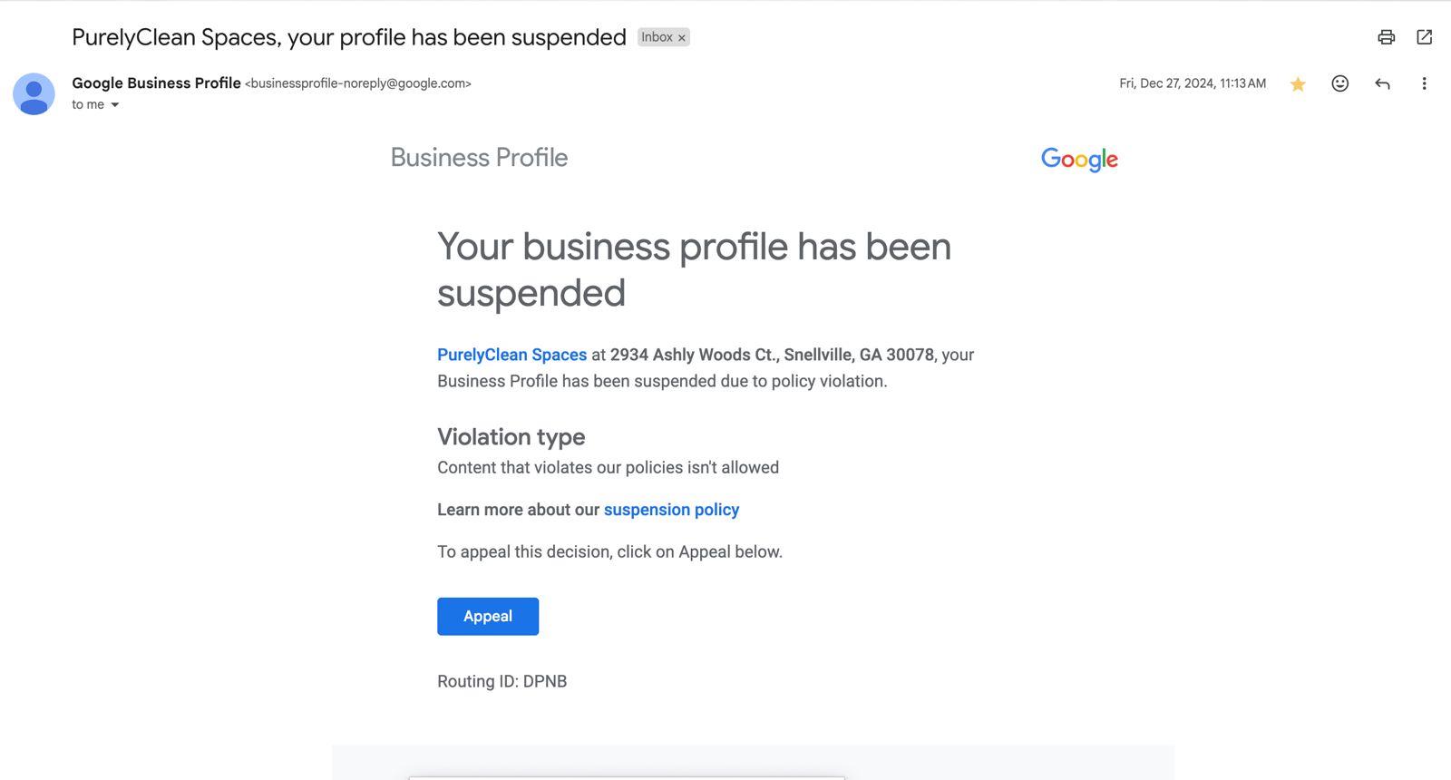 Google Business profile suspended reason